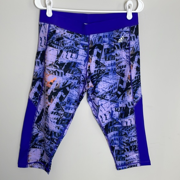 adidas Pants - Adidas Tech Fit Capri Leggings- Purple-Lavender-Black-Orange Print- Large